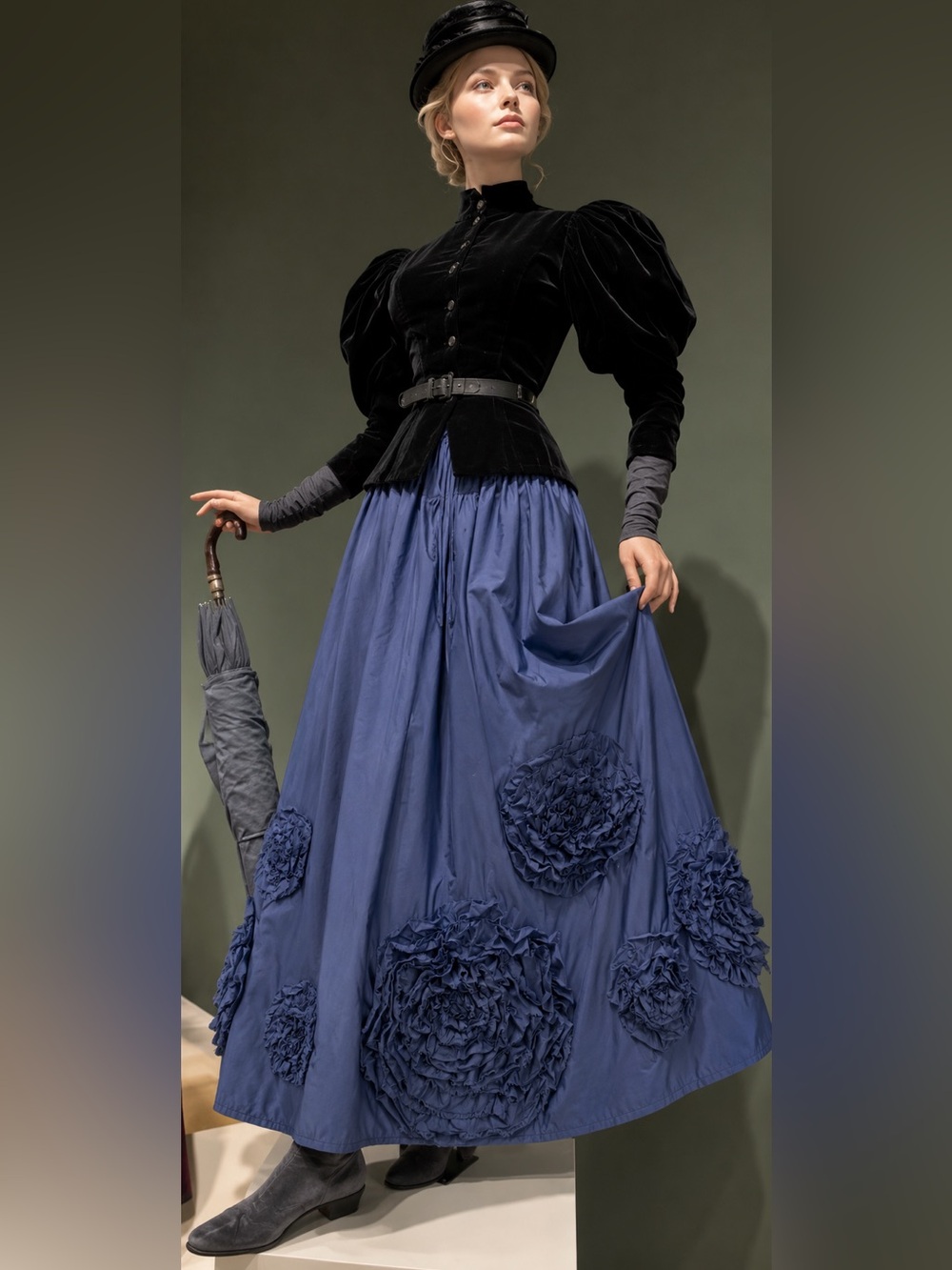 Hand Crafted Royal Blue Maxi Skirt with Floral Rosettes